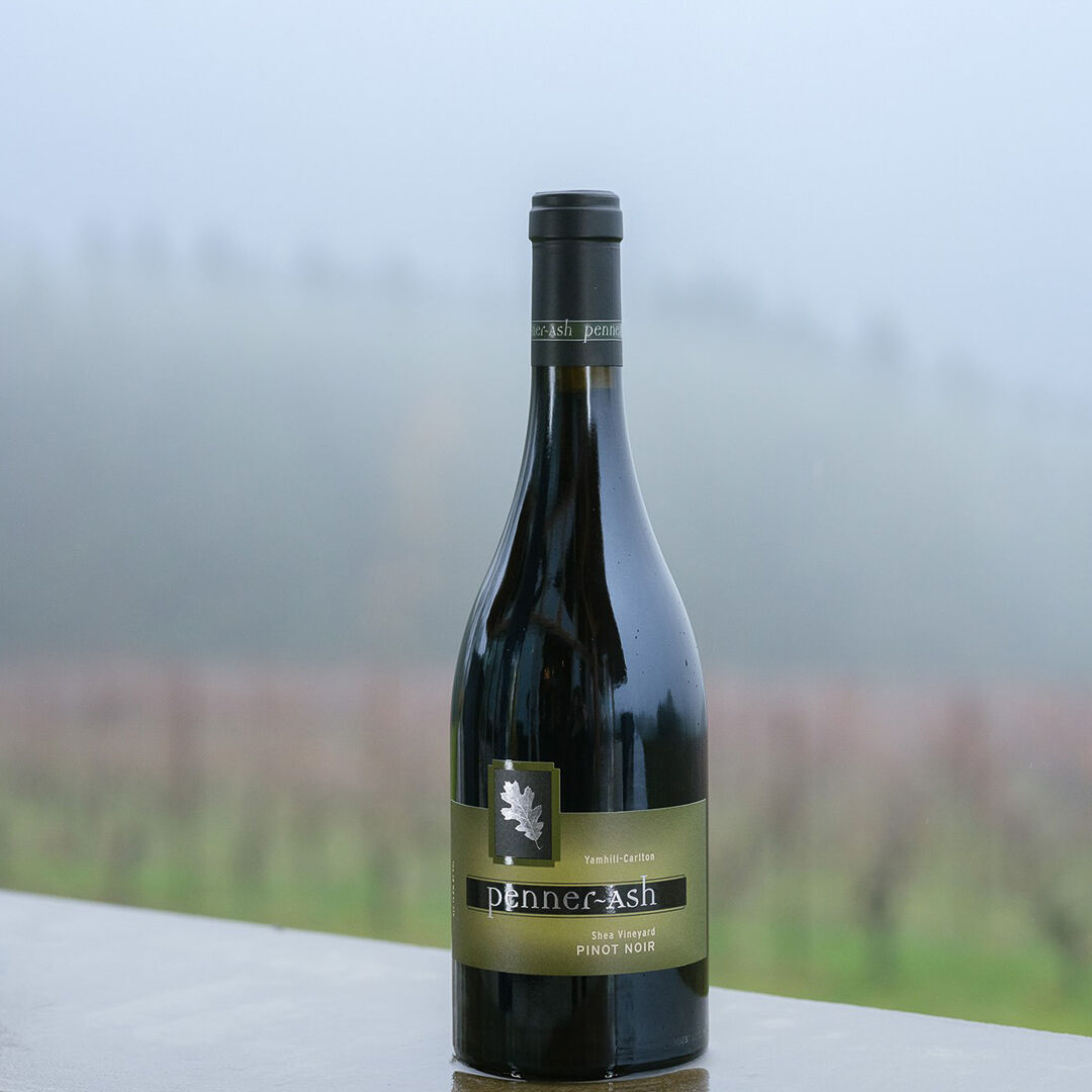 Shea Vineyard Pinot Noir bottle in front of Penner-Ash Estate Vineyard.